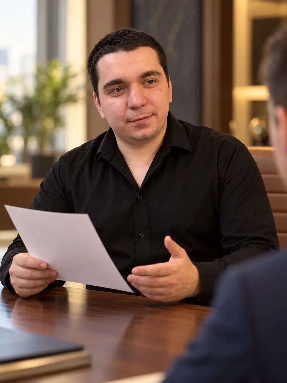 Алексей разбирает документы с клиентом