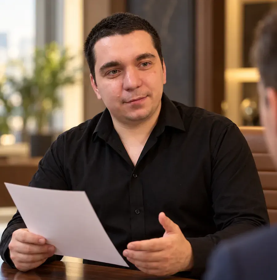 Алексей разбирает документы с клиентом