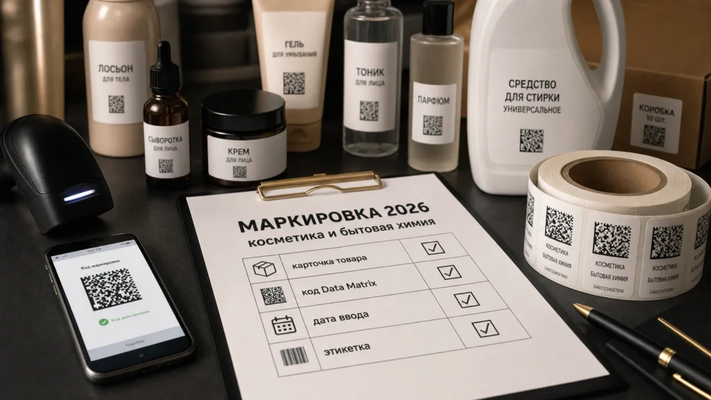 Косметика и бытовая химия с Data Matrix кодами и чек-листом маркировки 2026